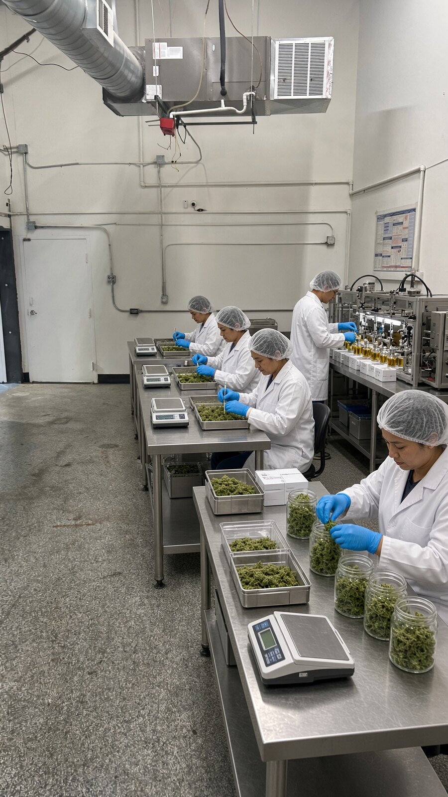 CRC team weighing and packing cannabis flower from bulk tubs into retail containers