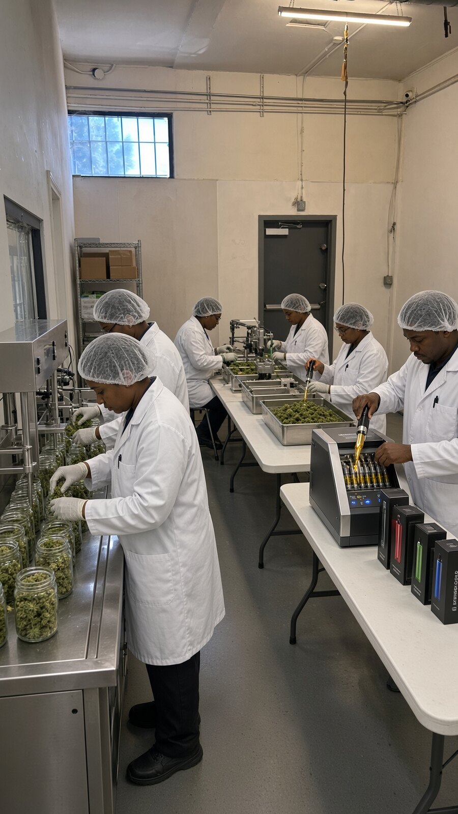 Finished cannabis jars and vape boxes staged for distribution