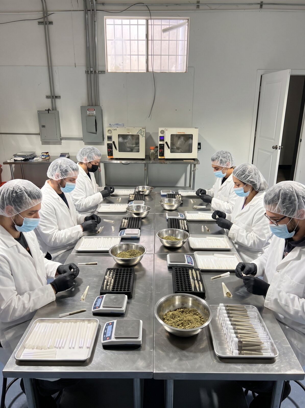 CRC production team rolling and inspecting pre-rolls in the pre-roll room